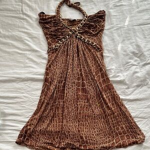 Y2K 100% Silk Brown Animal Print Dress With Braided Halter